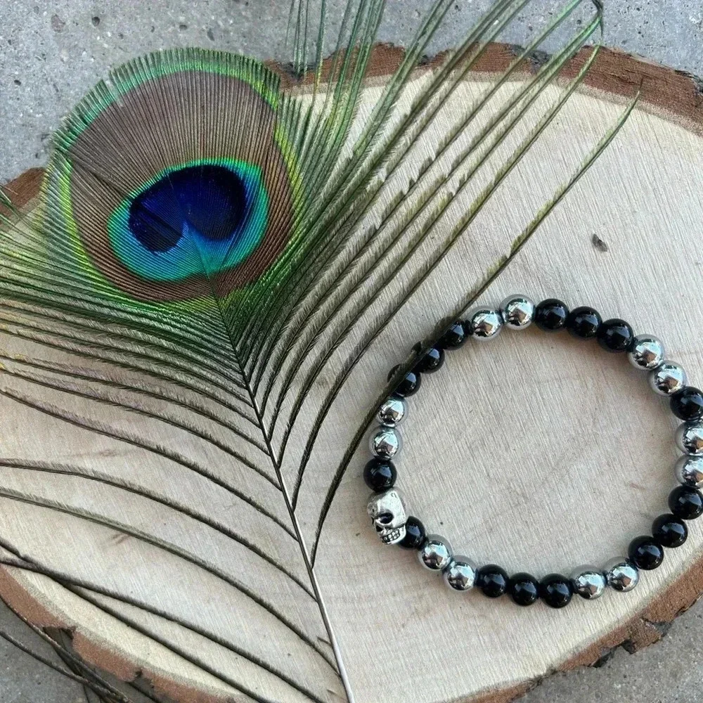 Handmade Hematite + Black Obsidian Skull Bracelet 💀🖤